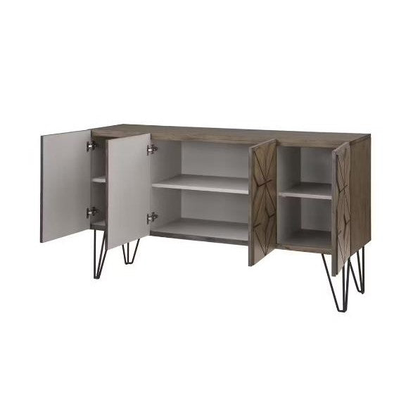 Wooden sideboard with open geometric-patterned doors and hairpin legs.