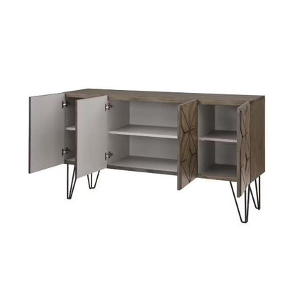 Wooden sideboard with open geometric-patterned doors and hairpin legs.