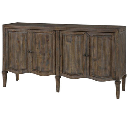 Wooden sideboard with four doors and a rustic finish.