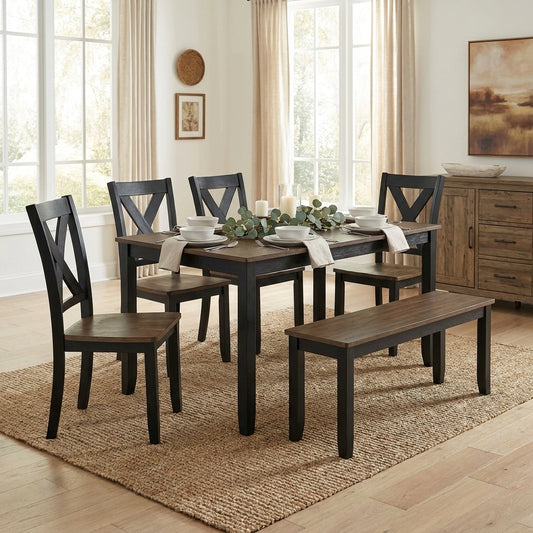 Dark wood dining set with table, four chairs, and a bench.