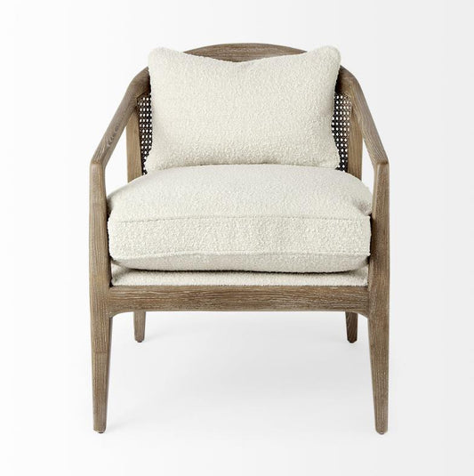 Beige cushioned armchair with wooden legs and backrest.