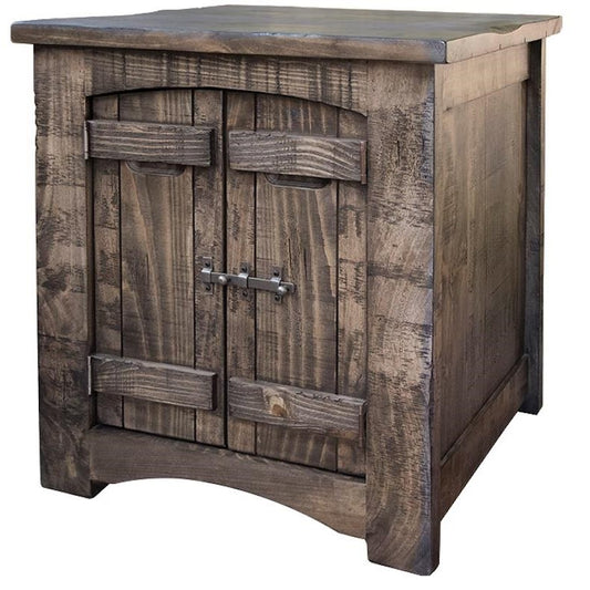 Rustic wooden cabinet with metal latch and textured doors.