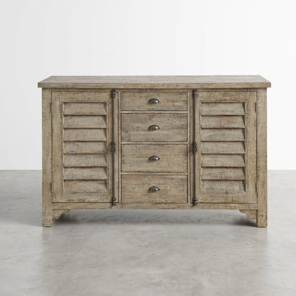 Wooden sideboard with four drawers and shutter-style cabinet doors.