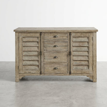 Wooden sideboard with four drawers and shutter-style cabinet doors.