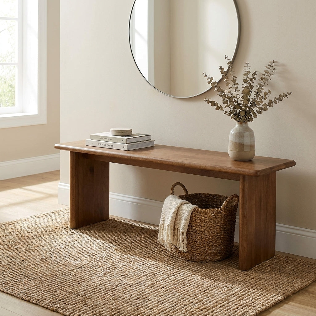 A simple wooden bench with a minimalist design.