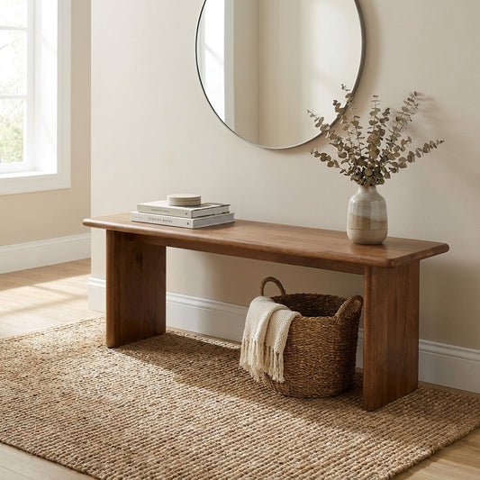 A simple wooden bench with a minimalist design.