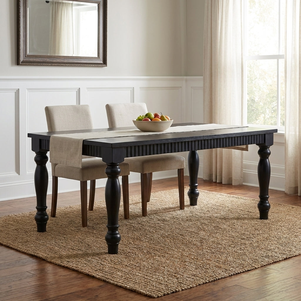 Elegant dining area with a black table and beige chairs on a woven rug.