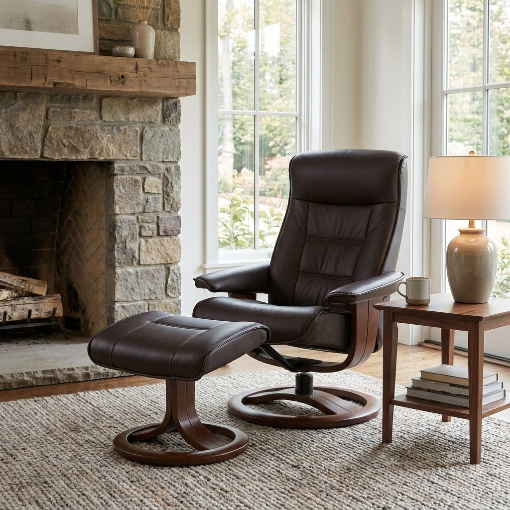 Brown recliner chair with matching ottoman.