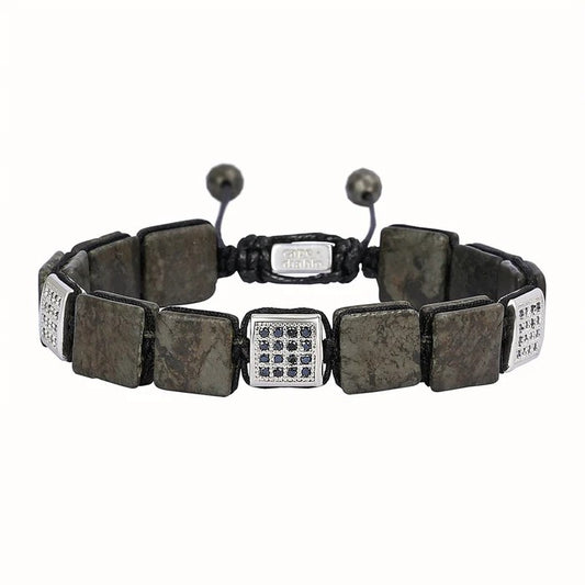 Square bead bracelet with decorative stones and cord closure.