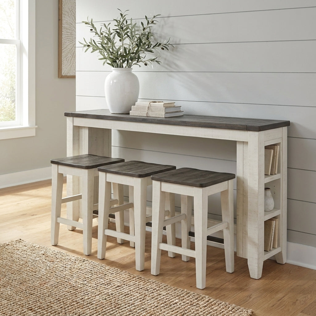 White kitchen island with three matching barstools.
