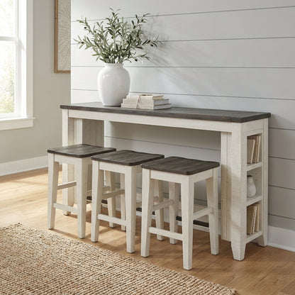 White kitchen island with three matching barstools.