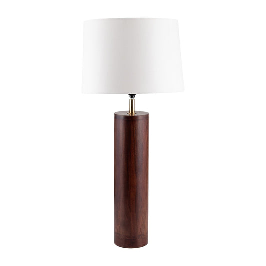 Modern lamp with a wooden cylindrical base and white shade.