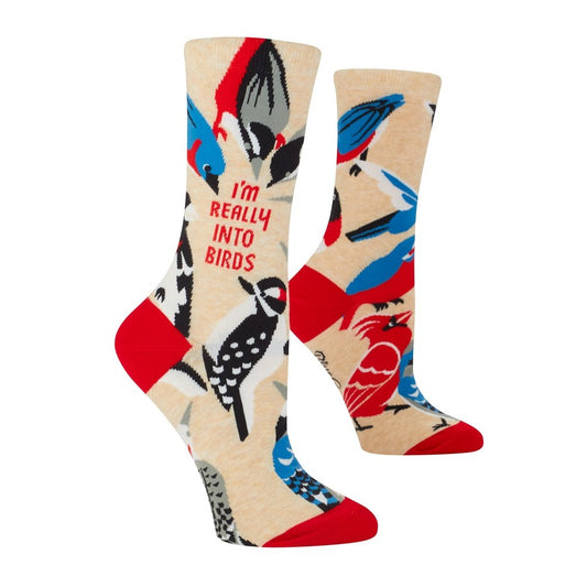 Socks with colorful birds and "I'm really into birds" text.