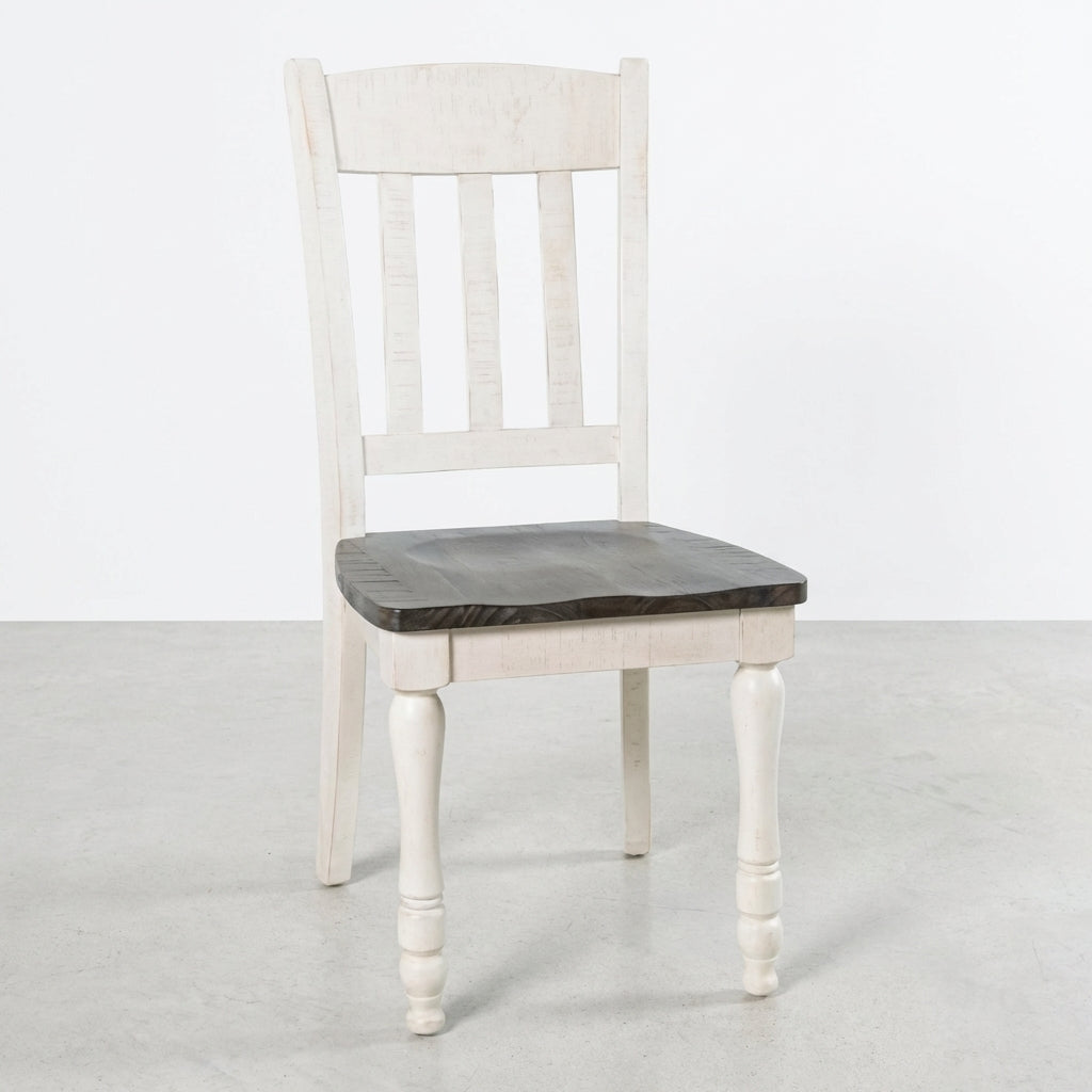 White wooden chair with dark seat, classic design.