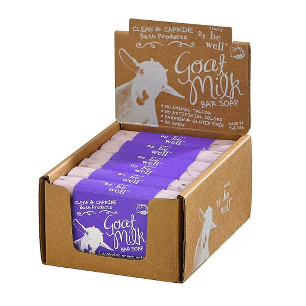 Goat milk bar soap display with purple packaging in a cardboard box.