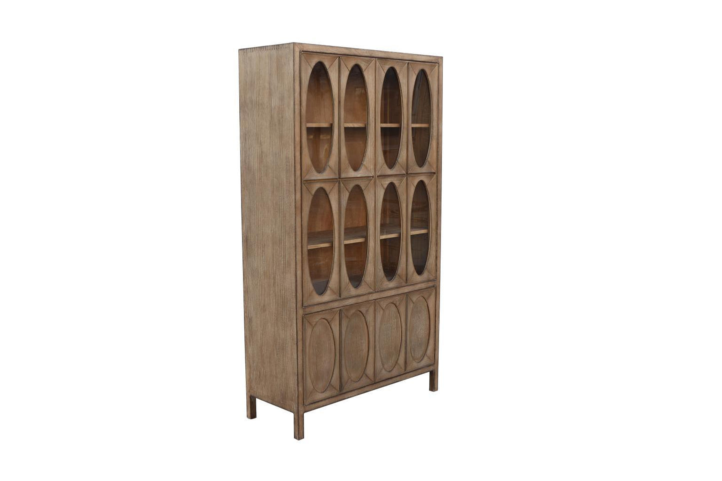 Tall wooden cabinet with oval patterned doors.