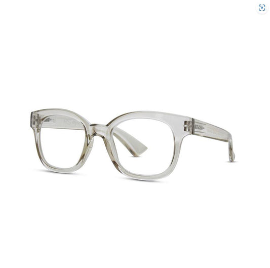 Clear, square-framed eyeglasses with thick lenses on a white background.