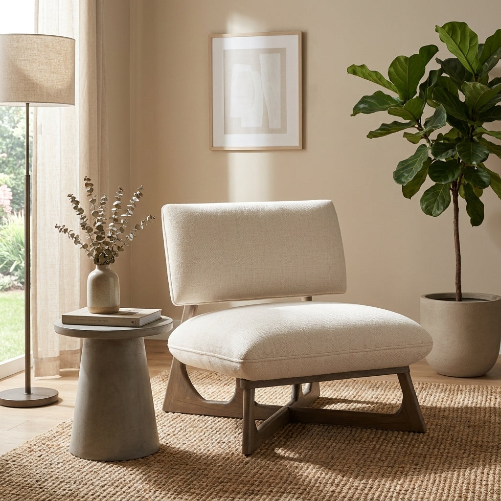 Modern beige chair with wooden legs and minimalist design.