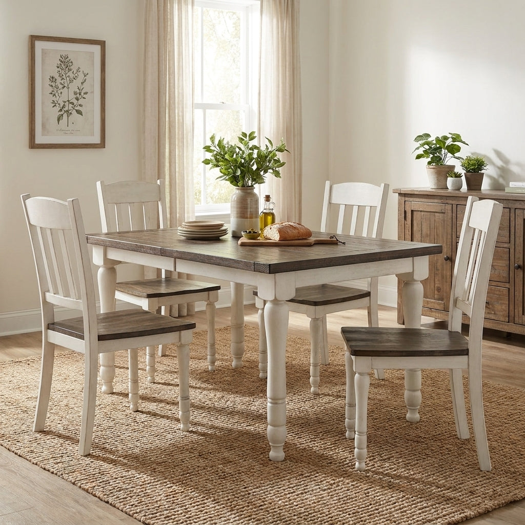 Wooden dining set with plants, drinks, and a basket of fruit.
