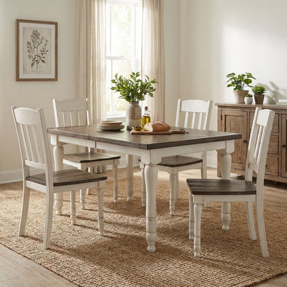 Wooden dining set with plants, drinks, and a basket of fruit.