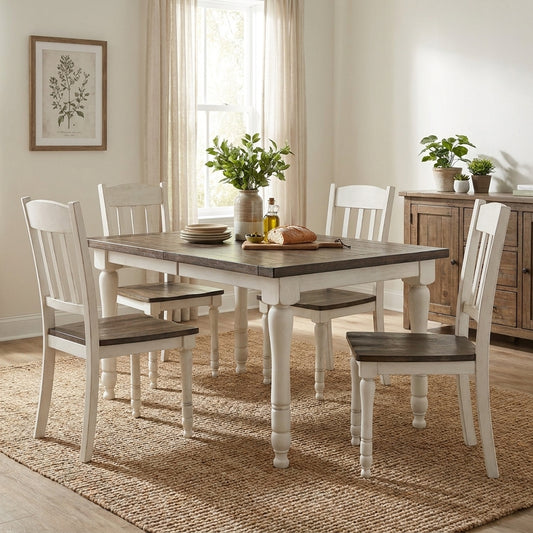 Wooden dining set with plants, drinks, and a basket of fruit.