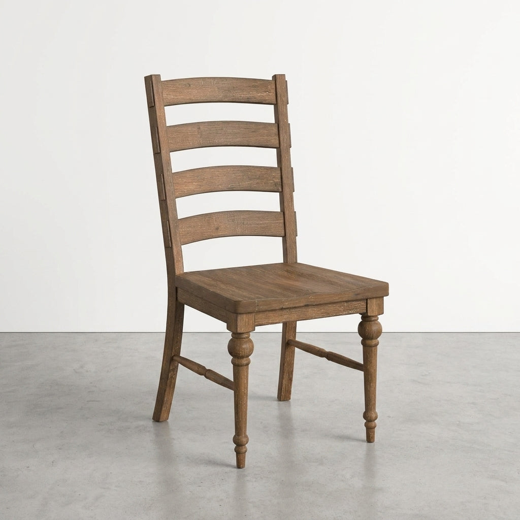 A wooden chair with a ladder-style backrest.