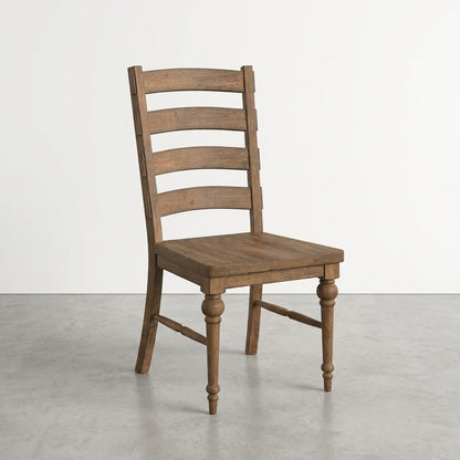 A wooden chair with a ladder-style backrest.