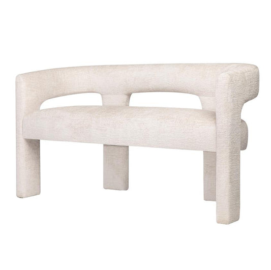 Cream-colored modern bench with curved backrest.