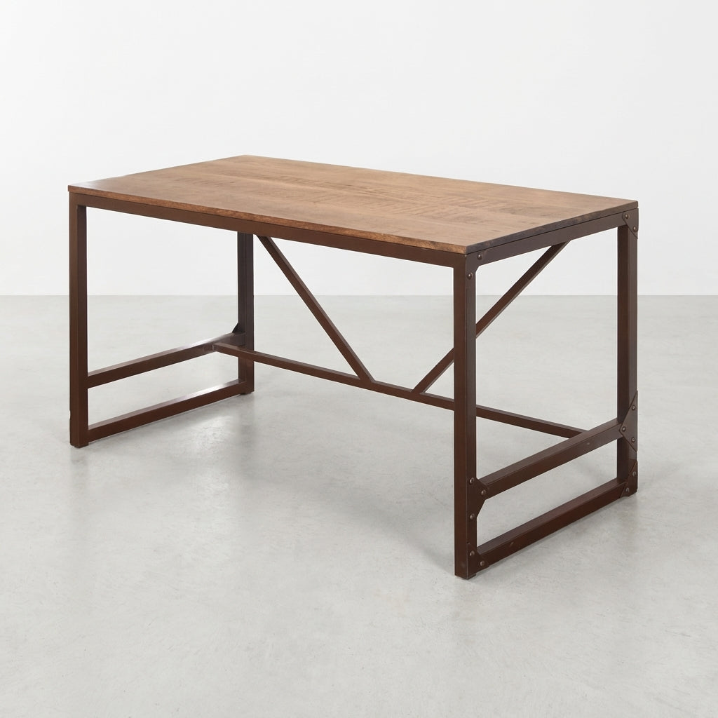 Wooden table with metal frame and industrial design.