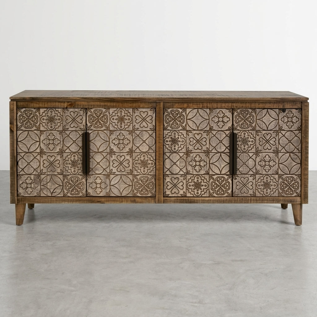 Wooden sideboard with three open doors and decorative panels.