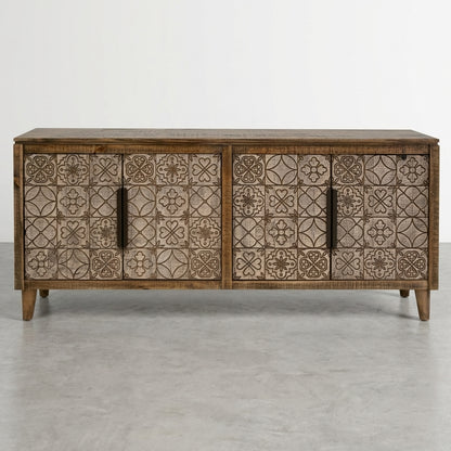 Wooden sideboard with three open doors and decorative panels.