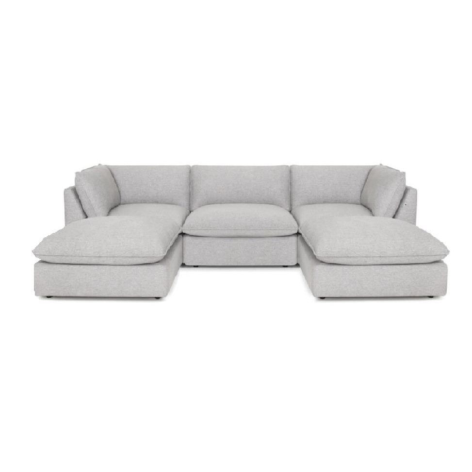 Gray, L-shaped sectional sofa with cushioned seats and backrests.