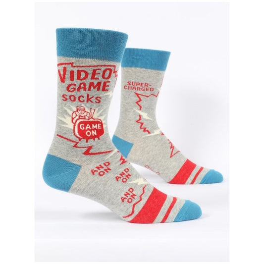 Gray and blue socks with red video game-themed text and graphics.
