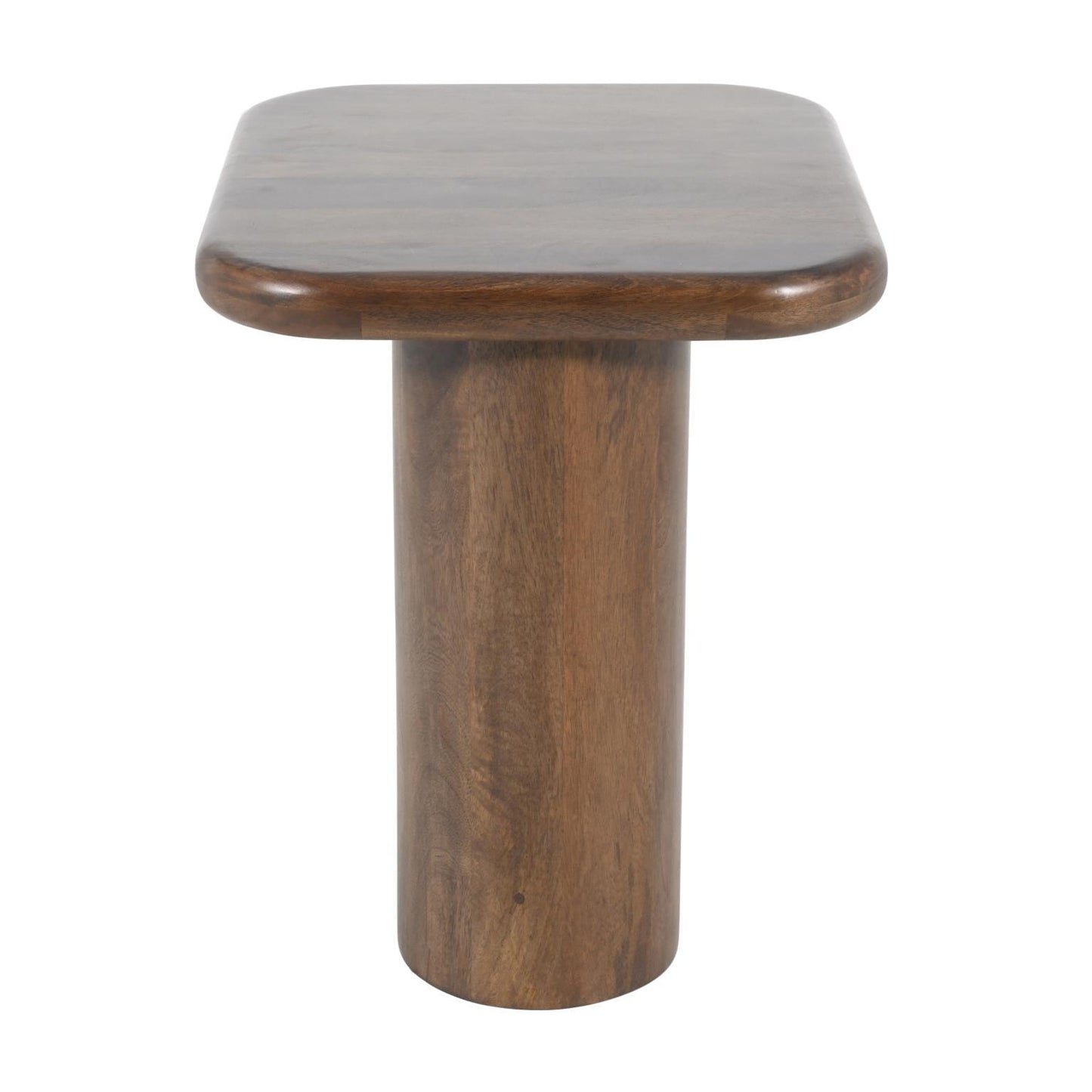 Wooden pedestal table with a smooth, rounded rectangular top.