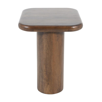 Wooden pedestal table with a smooth, rounded rectangular top.
