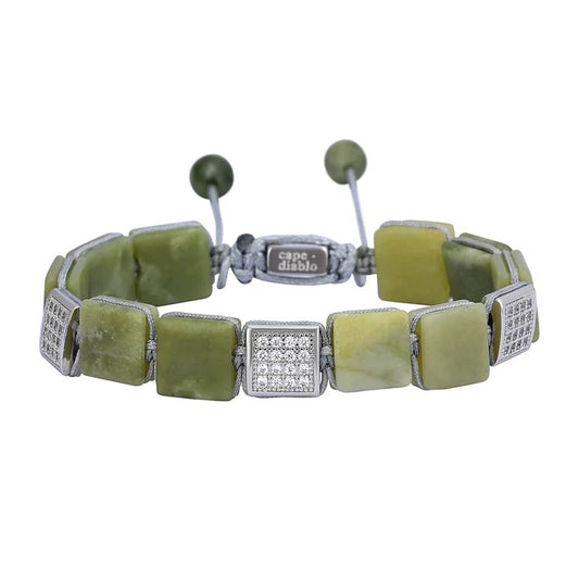 Green gemstone bracelet with silver accents and adjustable closure.