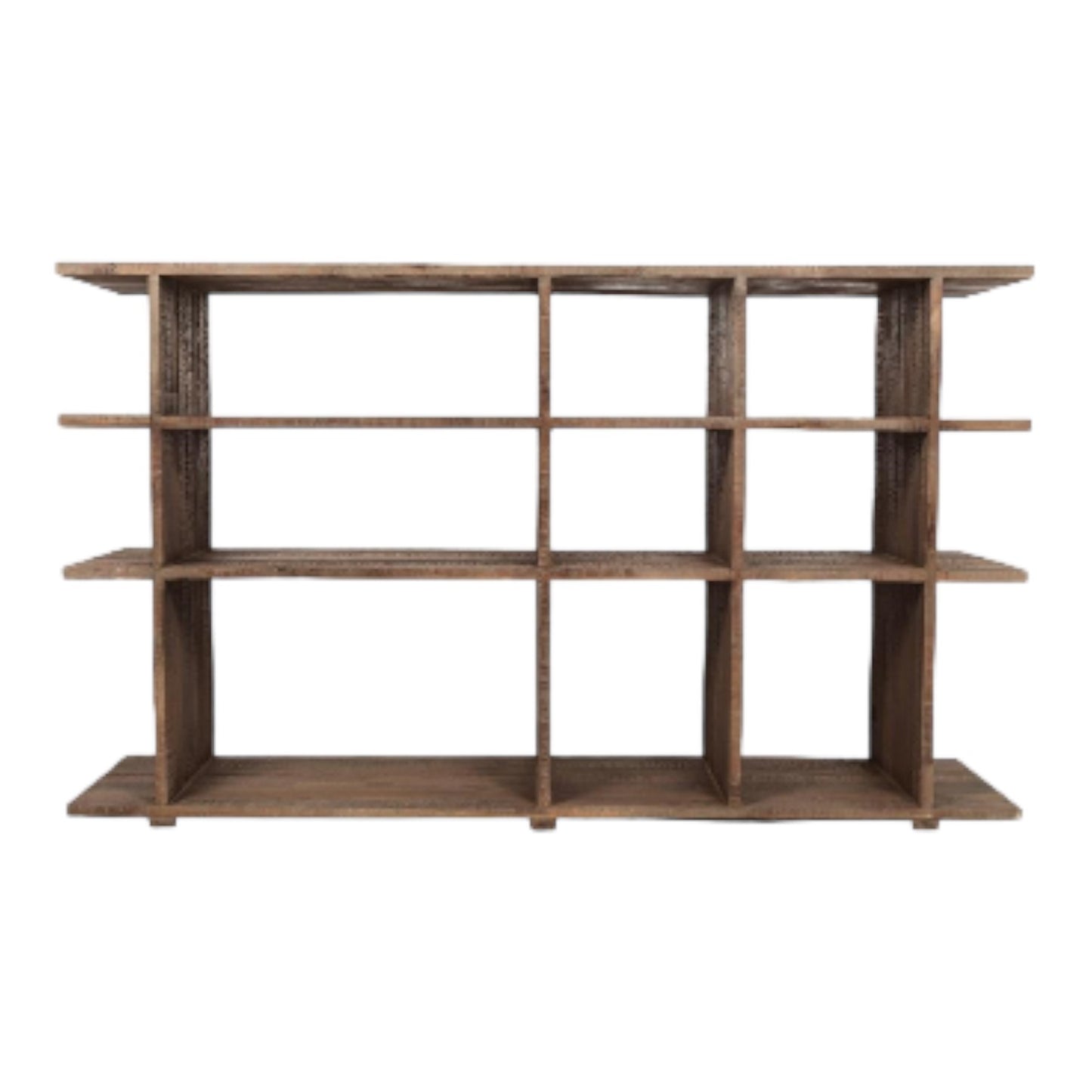 Wooden shelf unit with nine open compartments.