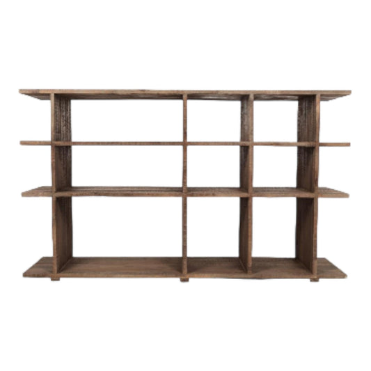 Wooden shelf unit with nine open compartments.