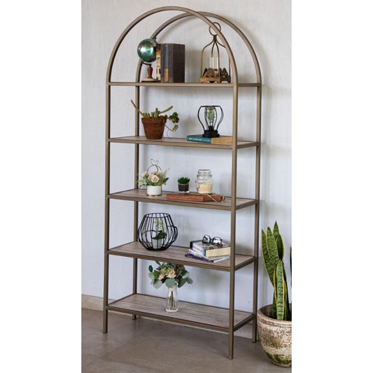 Elegant shelf with books, plants, globe, and decor accents against a light wall.