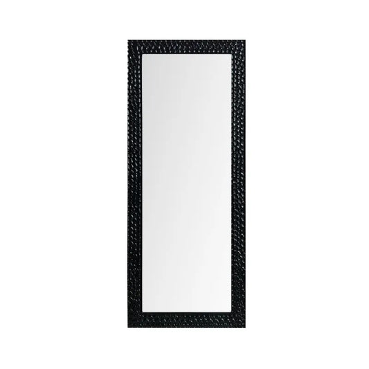 Tall rectangular mirror with a textured black frame.