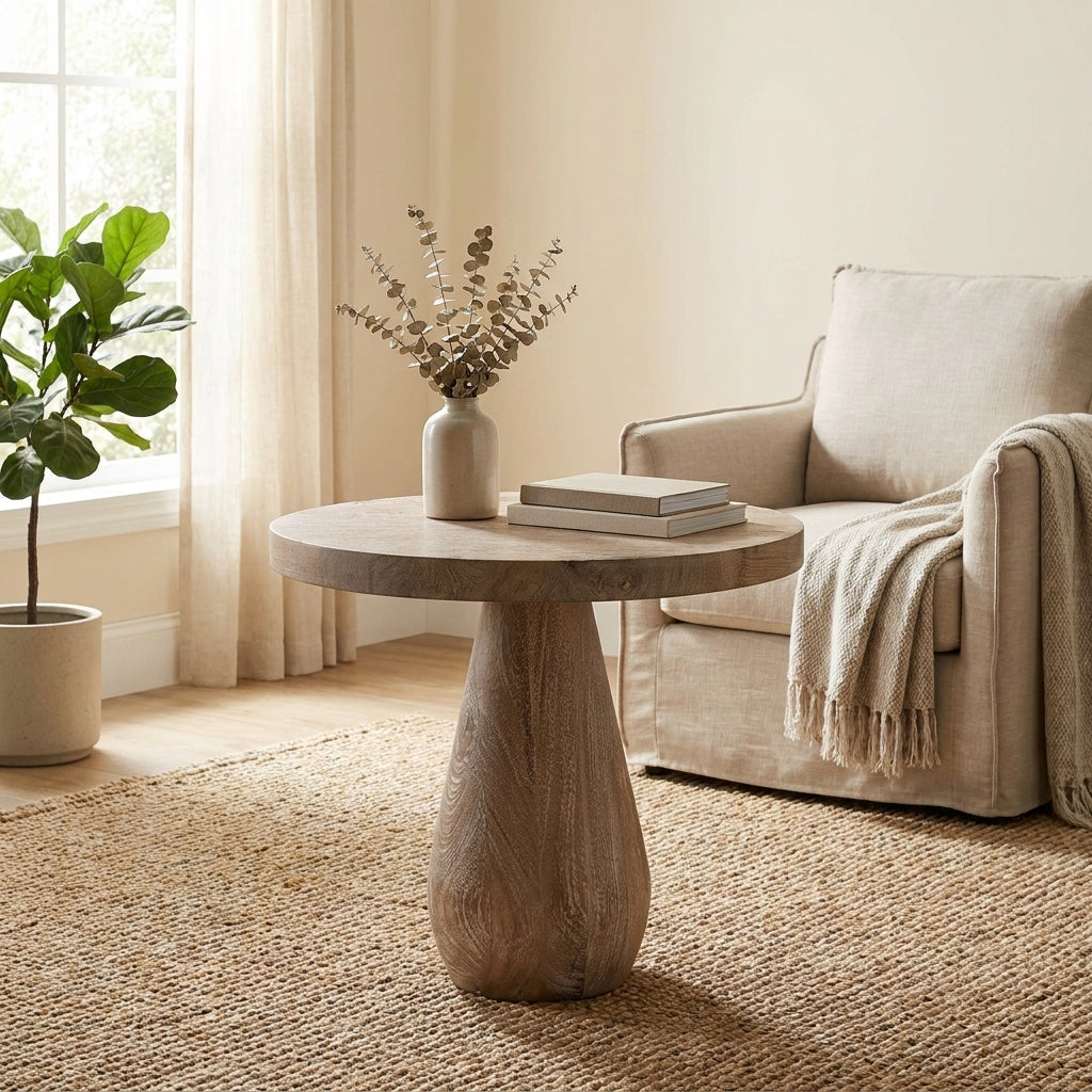 Round wooden table with a conical base.