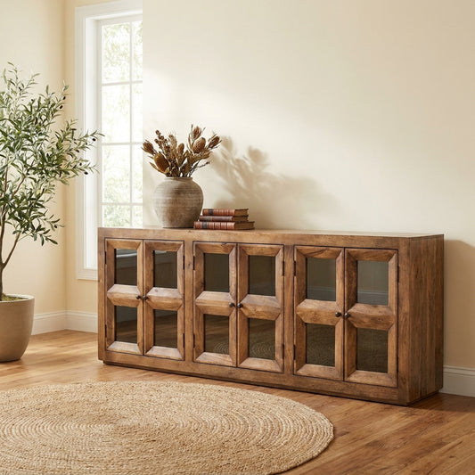 Wooden sideboard with glass-paned doors and a rustic design.