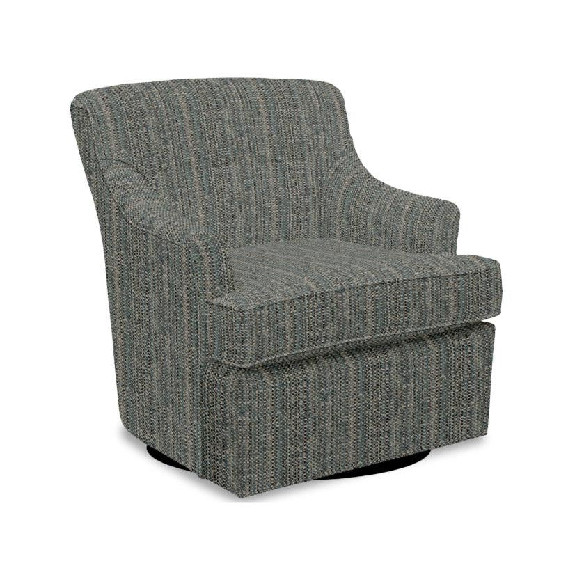Gray textured swivel chair with curved arms.