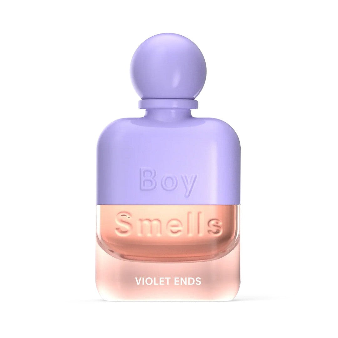 Purple-capped perfume bottle labeled "Boy Smells" and "Violet Ends."
