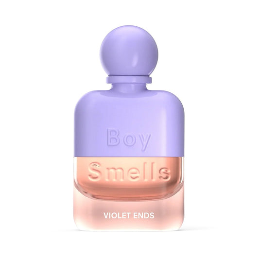 Purple-capped perfume bottle labeled "Boy Smells" and "Violet Ends."
