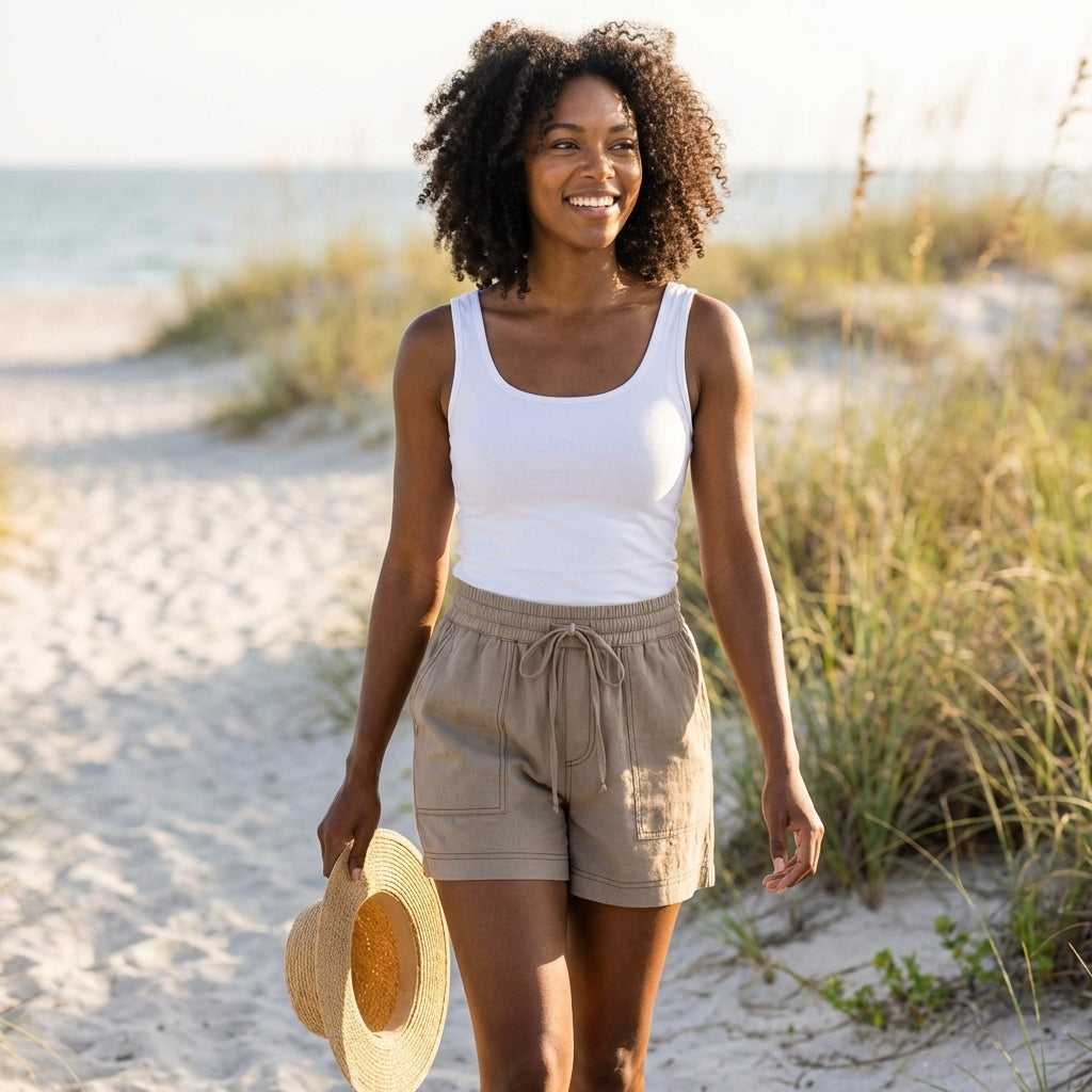 Woman smiling, walking on a sunny beach path, holding a straw hat.