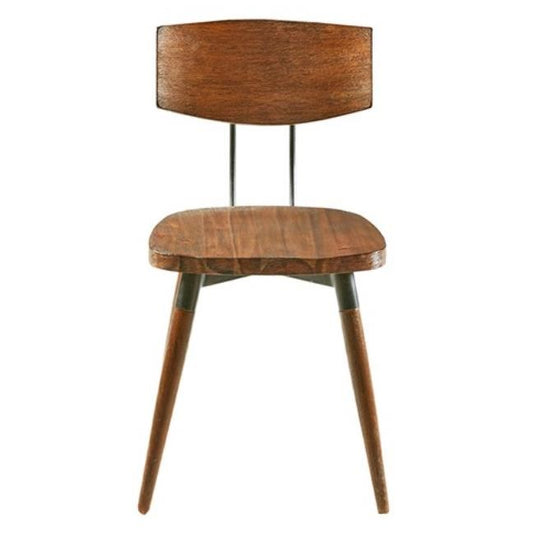 Wooden chair with angled legs and a curved backrest.