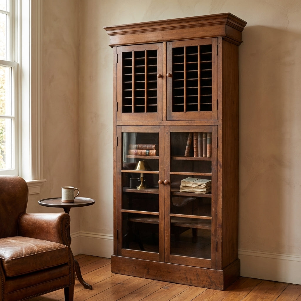 Wooden cabinet with books and lamp, next to a leather chair by a window.