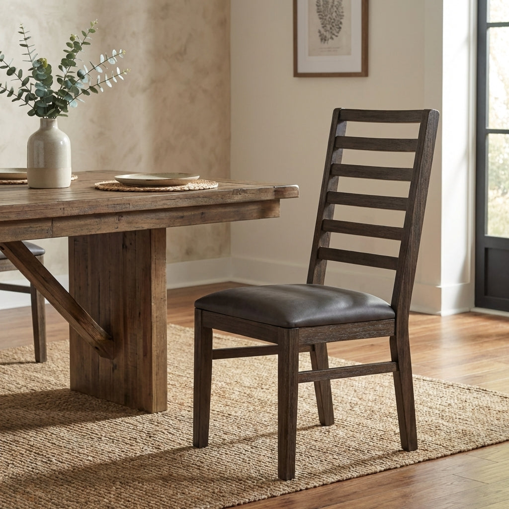 Dark wooden chair with a cushioned seat and ladder-style back.