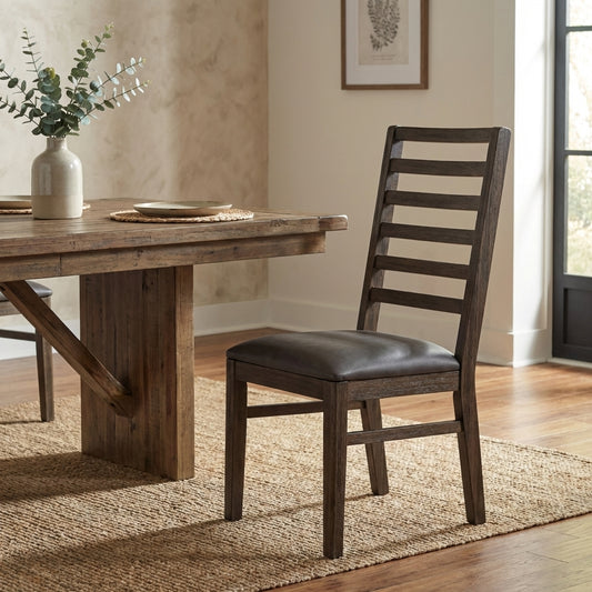 Dark wooden chair with a cushioned seat and ladder-style back.